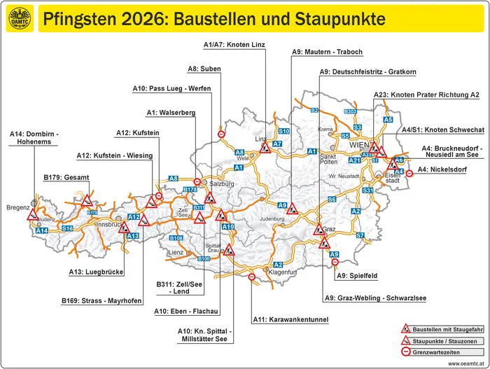 Staupunkte im Pfingstreiseverkehr 2026