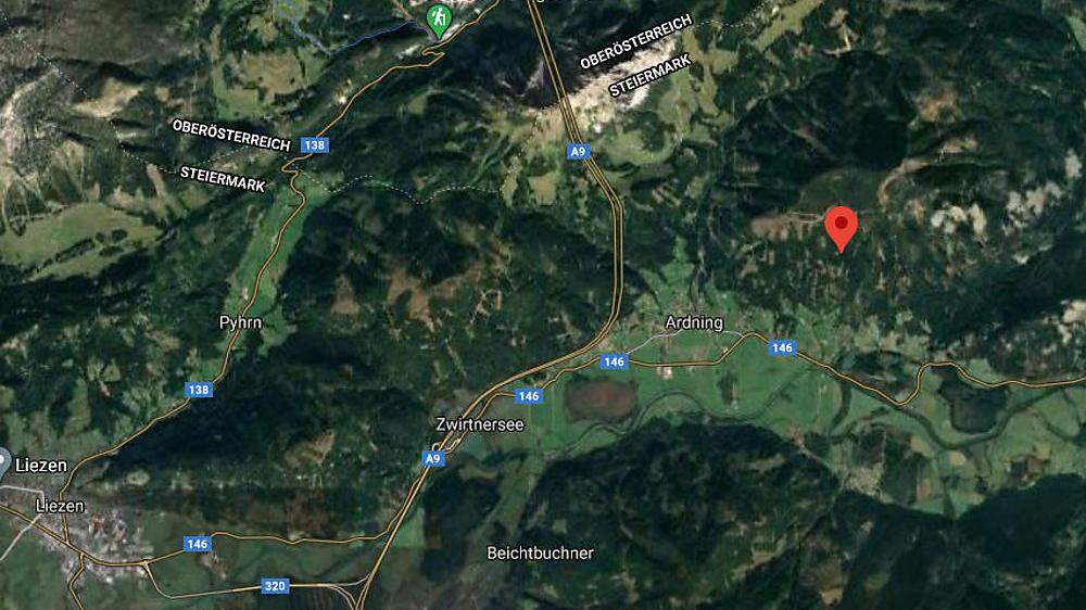 Der rote Punkt markiert mit dem Pleschberg das Epizentrum, nicht weit davon liegt der Bosruck, wo 1991 das Atommülllager geplant war