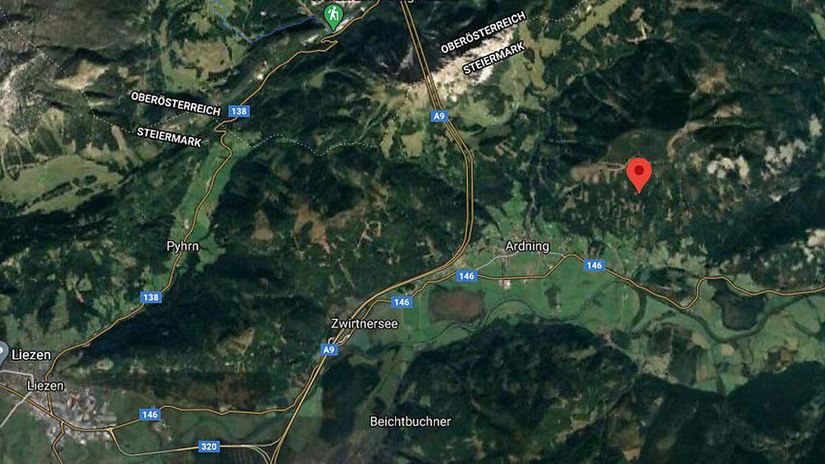 Der rote Punkt markiert mit dem Pleschberg das Epizentrum, nicht weit davon liegt der Bosruck, wo 1991 das Atommülllager geplant war