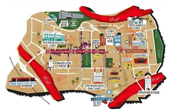 Das IRFC-Event-Gelände auf dem und rund um den Leobener Hauptplatz