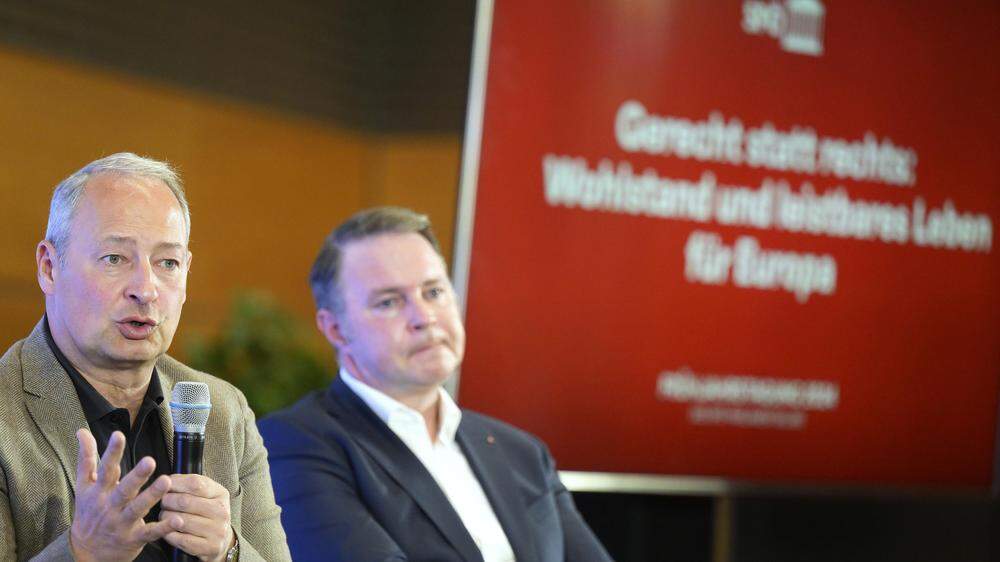  EU-Spitzenkandidat Andreas Schieder und SPÖ-Vorsitzender Andreas Babler  bei der Frühjahrstagung des SPÖ-Parlamentsklubs in Vösendorf.