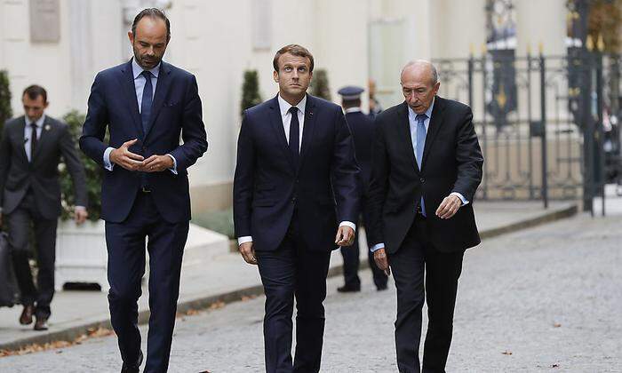 Premierminister Édouard Philippe, Präsident Emmanuel Macron und Innenminister Gerard Collomb