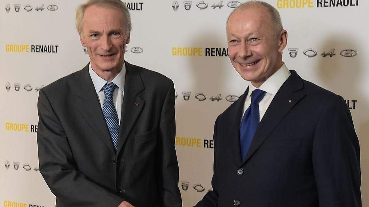 Renault-Präsident Jean-Dominique Senard (L) mit dem neuen Konzernchef Thierry Bollore 