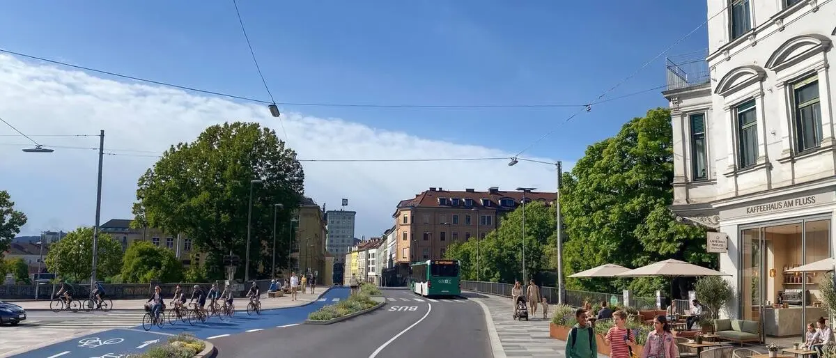 Die Keplerbrücke in Graz in einem Rendering von „Grazer Mitte“: Der Pkw-Durchzugsverkehr würde über den Graben- und Kalvariengürtel geführt werden
