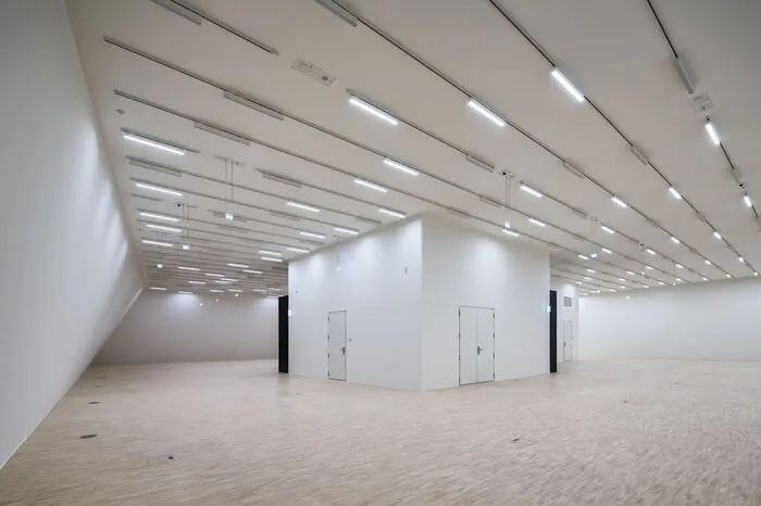 Die Landesgalerie ist ein durch Drehung, Verkleidung und die Gestaltung des Erdgeschosses durchaus nicht schwerfällig wirkender, aber doch kompakter Betonbau.