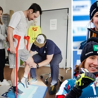 Bei der Therapie: Alex Payer mit Stefanie Plieschnegger und Bernd Gütler. Daniela Ulbing laboriert an zwei Handverletzungen, Sabine Schöffmann (oben) will in Rogla voll attackieren