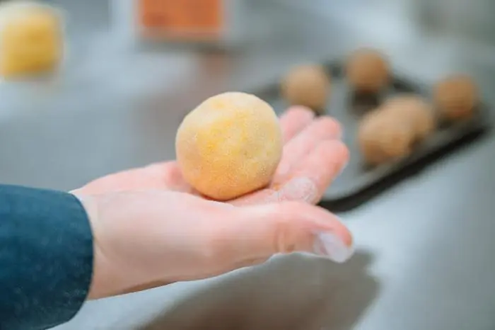 Die vorbereiteten eingefrorenen Kugeln jeweils in der Mitte platzieren, mit Teig umschließen und zu runden Knödeln formen. 