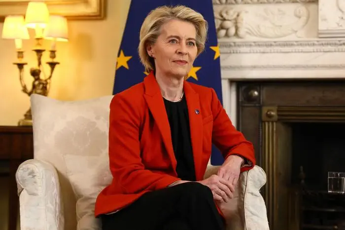 European Commission President Ursula von der Leyen reacts during a meeting with Britain's Prime Minister Keir Starmer inside 10 Downing Street, in central London, on April 24, 2025. (Photo by Alishia Abodunde / POOL / AFP)