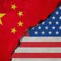 flag of the republic of china on broken brick wall and half usa united states of america flag, crisis president and china for nuclear atomic and customs duties on products tax export, import concept