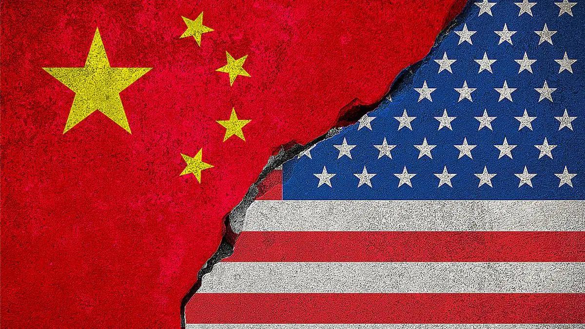 flag of the republic of china on broken brick wall and half usa united states of america flag, crisis president and china for nuclear atomic and customs duties on products tax export, import concept