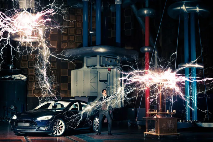 Tesla-Fotoshooting in der Hochspannungshalle der TU Graz