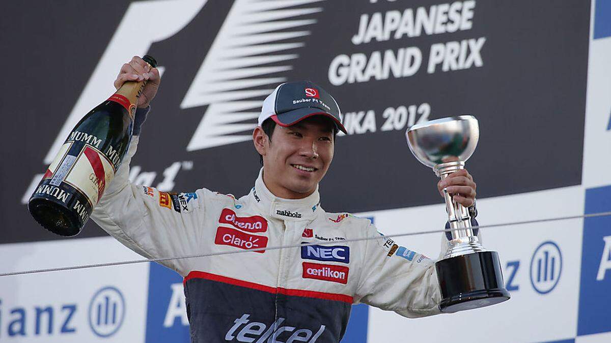 2012 auf dem Podium in Suzuka: Kamui Kobayashi im Sauber