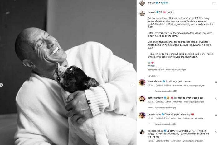 Mit bewegenden Worten hat sich Hollywoodstar Dwayne „The Rock“ Johnson von seinem toten Hund „Hobbs“ verabschiedet. „Ich bin wie betäubt von diesem Verlust“, schrieb der 52-Jährige auf Instagram zu Videos und Fotos von ihm und der französischen Bulldogge. „Ich weiß nicht, wie Geister funktionieren, aber sie kommen ab und zu zurück und besuchen uns, um uns zu ärgern und zum Lachen zu bringen“, schrieb der Ex-Wrestler weiter.