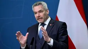 Austria's Chancellor Karl Nehammer speaks during a joint press conference with Sweden's Prime Minister in Stockholm, Sweden, on March 30, 2023. (Photo by Jessica Gow/TT / TT News Agency / AFP) / Sweden OUT