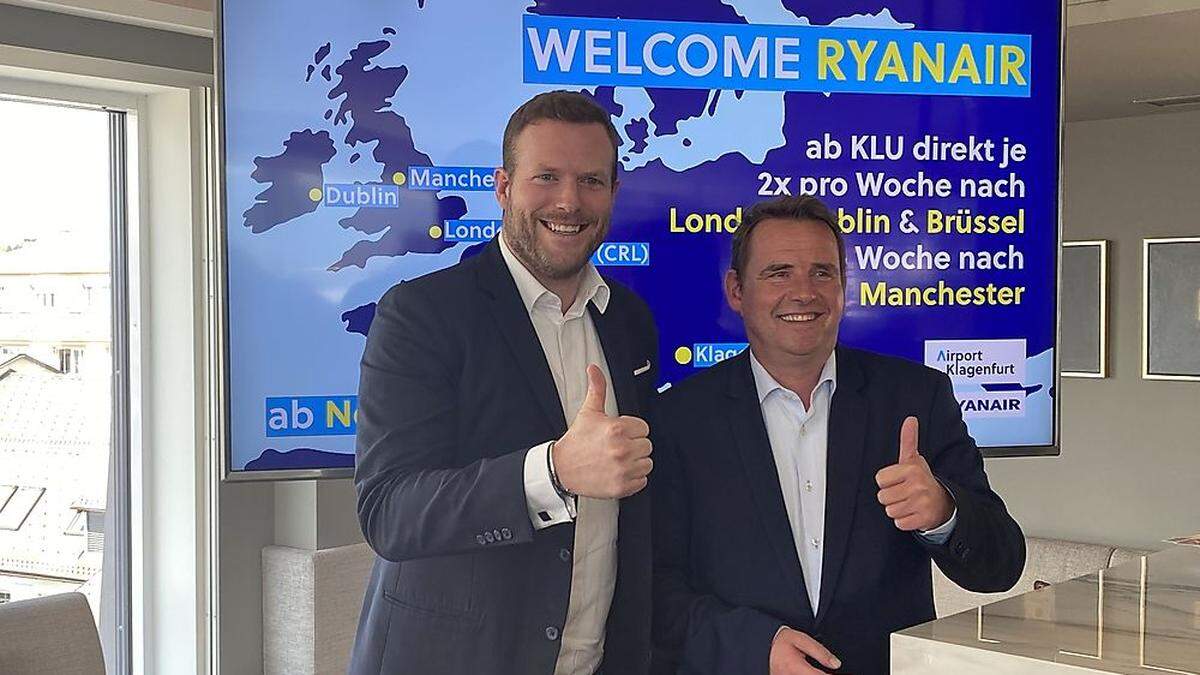 &quot;Wir sind motiviert zurück&quot;: Ryanair-Manager Andreas Gruber und Airport-Chef Nils Witt bei der Präsentation in der Bar 19null7 in Klagenfurt
