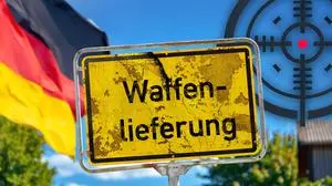 Fotomontage mit einem Schild auf dem „Waffenlieferung“ steht im Vordergrund. Dahinter ist die Deutschlandflagge und ein Fadenkreuz zu sehen