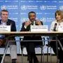 Tedros Adhanom Ghebreyesus, Director General of the World Health Organization (WHO), center, is flanked by Michael Ryan, left, Executive Director of WHO's Health Emergencies program, left,  and Sylvie Briand, right, Director of Global Infectious Hazard Preparedness of WHO, during a press conference at the World Health Organization headquarters in Geneva, Switzerland, Wednesday, February 5, 2020. WHO Director-General Tedros Adhanom Ghebreyesus urged countries outside China to share more data on infections, saying detailed information has been provided in only 38% of cases. (Salvatore Di Nolfi/Keystone via AP)