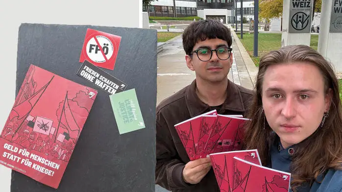 Landesvorsitzender Constantin Benga und Landessekretär Moritz Bauer der Sozialistischen Jugend Steiermark verteilten Kalender, Broschüren und Aufkleber gegen die FPÖ in der Nähe von Weizer Schulen (Sujet)
