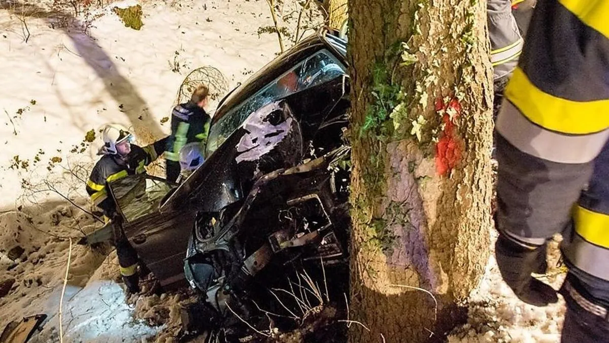 Der Pkw prallt gegen einen Baum, eine Person wurde eingeklemmt