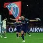 Paris Saint-Germain's Portuguese forward #09 Goncalo Ramos (C) celebrates after scoring his team's fourth goal a during the UEFA Champions League, league phase football match between Paris Saint-Germain and Manchester City at the Parc des Princes Stadium in Paris on January 22, 2025. (Photo by Thomas SAMSON / AFP)