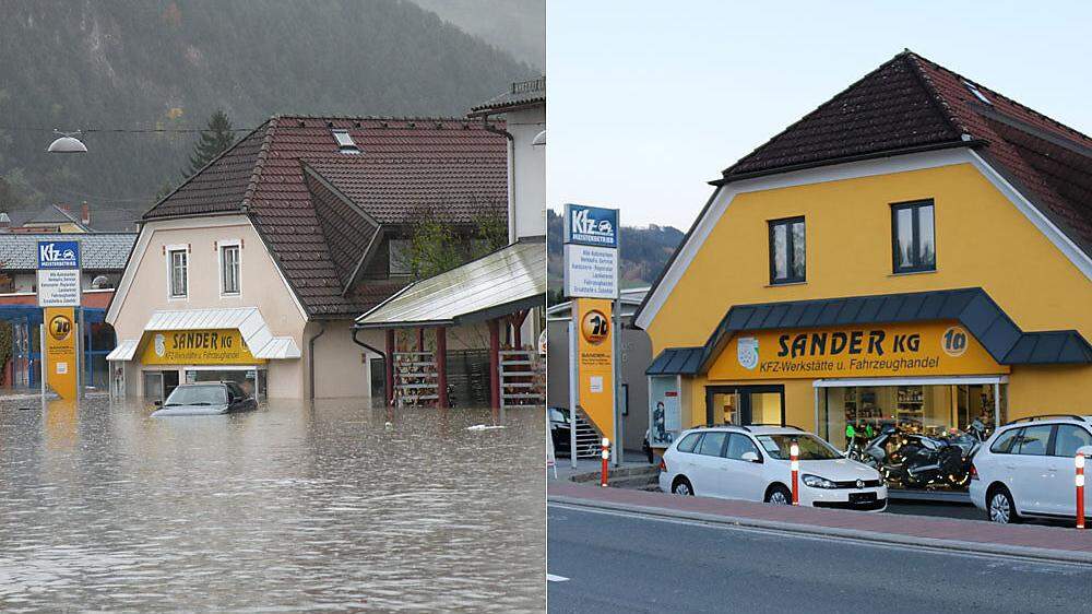 Jahrhunderthochwasser in Lavamünd: Die Kfz-Werkstatt „Sander“ vor fünf Jahren und heute (rechts). „Aus Angst hat eine Familie den Ort verlassen“