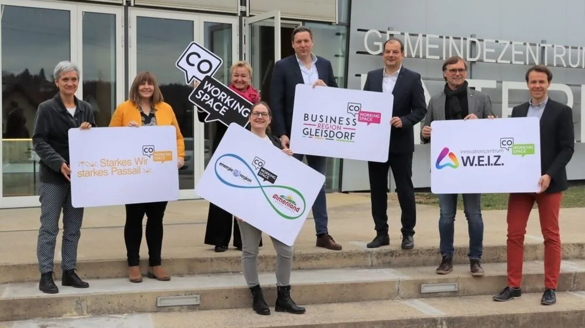 Verena Florian (Projektmanagerin), Eva Karrer (Bgm. Passail), Iris Absenger-Helmli (GF Energieregion), Nicole Hütter (Projektleitung), Robert Gether (Businessregion Gleisdorf), Wolfgang Weber (Stadtentwicklungsreferent), Erwin Eggenreich (Bgm. Weiz), Patrick König (Projektmanager)