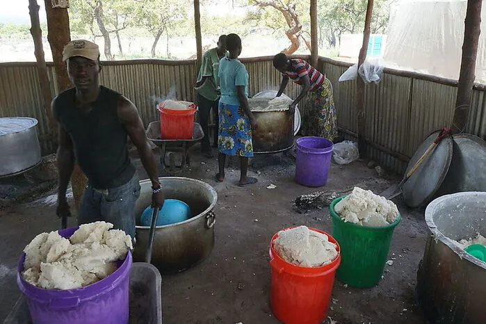 Ernährung. In großen Töpfen bereiten Helfer das Essen für die Flüchtlinge zu. Ein fester Maisbrei, dazu gibt es Wasser.