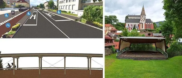 In Judenburg wird die Burggasse saniert (links oben), zudem zwischen Knittelfeld und Spielberg die Ingeringbrücke. Der bekannte Pavillon im Stadtpark Murau muss ebenfalls erneuert werden (rechts)