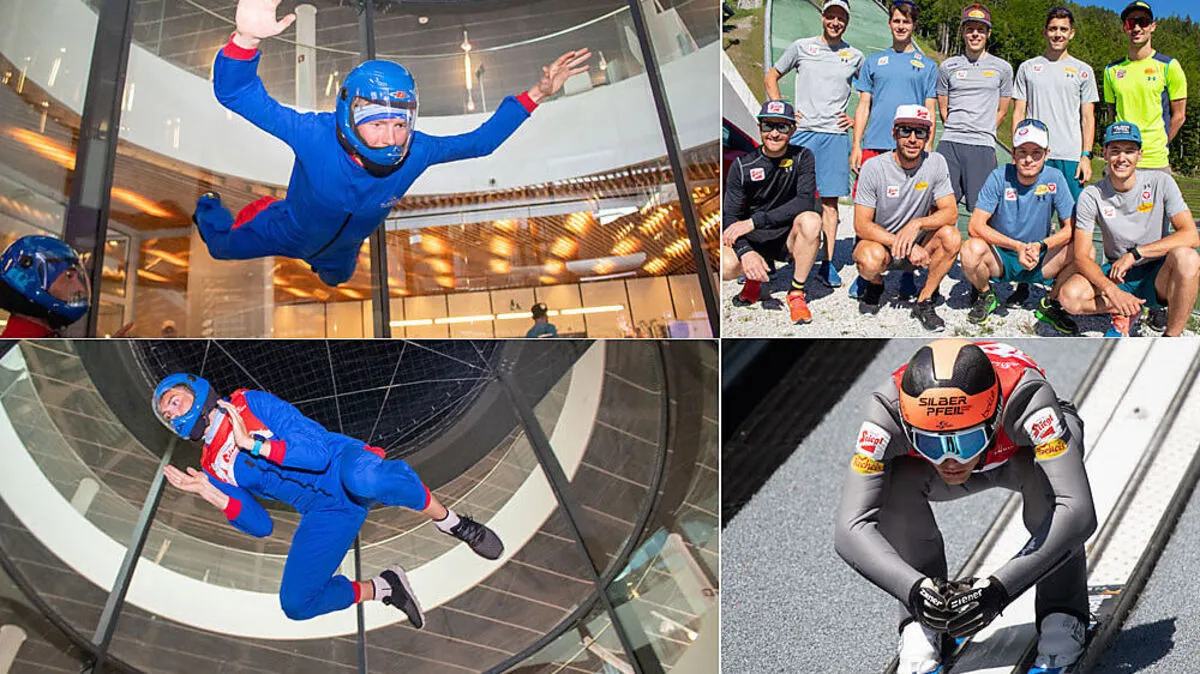 Franz-Josef Rehrl und Philipp Orter beim Bodyflying (links). Variieren der Armhaltung während der Anfahrt: Thomas Jöbstl (rechts unten). Das österreichische Nationalteam der Kombinierer mit den ÖSV-Trainern.