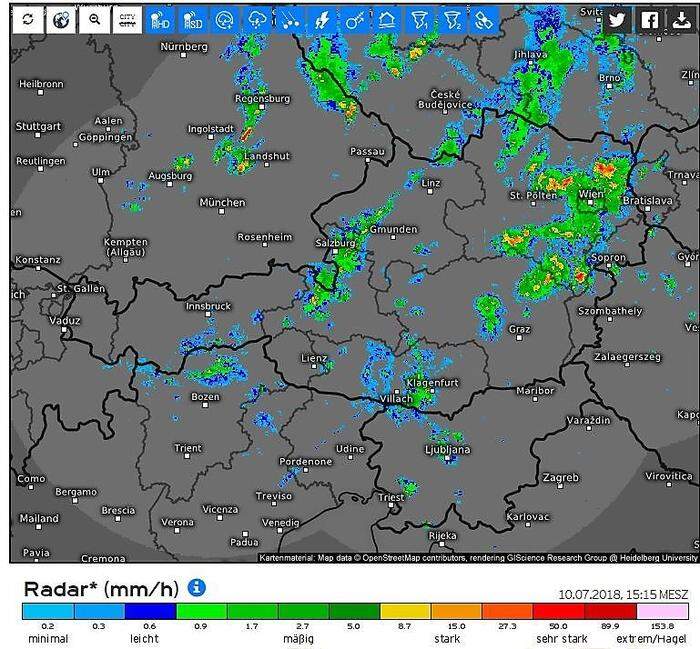 Niederschlagsradar von 15.30 Uhr. Heftige Regenfälle im Semmering- und Wechselgebiet, sowie im Großraum Wien