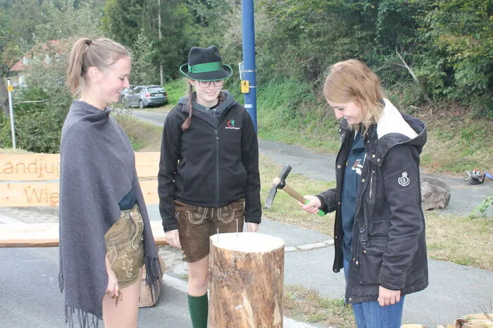 Die Besucherinnen und Besucher konnte den Handwerkern über die Schulter schauen und beim Spinnen, Klöppeln, Stricken, Sticken, Weben, Korbflechten oder Woaz schälen, ...