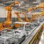 3d rendering robot assembly line in car factory