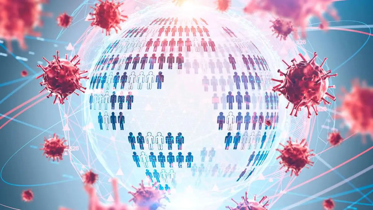 Covid 19 ncov coronavirus pandemia concept. Blurry red viruses surrounding planet hologram with people icons. 3d rendering toned image double exposure