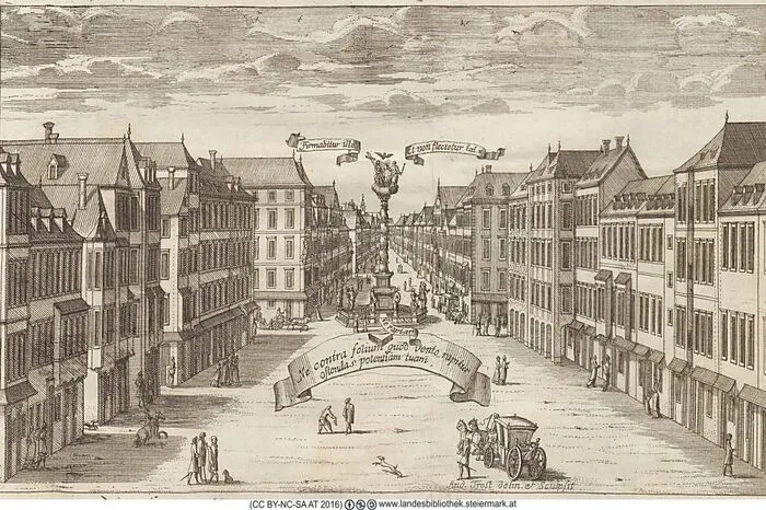 HAUPTPLATZ (BLICK IN SACKSTRASSE) Johann Macher  - Graecium inclyti ducatus Styriae metropolis topographice descriptum. Von ihm erschien 1700 eine topographische Beschreibung vom damaligen Graz. Der Autor beschreibt die Stadt darin  ausführlich. Die Bilder wurden vom damals besten Kupferstecher der Steiermark, von Andreas Trost, gestochen, gedruckt wurde es vom Grazer Drucker Georg Widmanstetter. Die topographisch exakten Abbildungen machen diesen Band noch heute so bedeutend. Das Werk wurde als Huldigungswerk für die damaligen Herrscher, die Habsburger, erstellt– war also auch damals schon richtig teuer. An die Landesbibliothek kam das Buch durch ihren Gründer Erzherzog Johann.