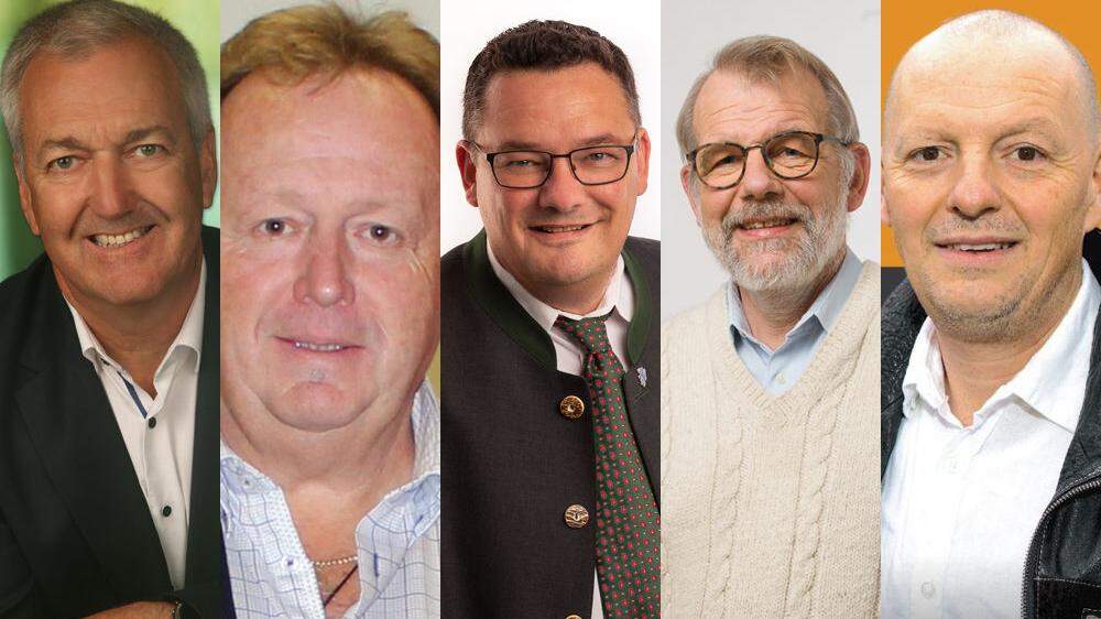 Die Spitzenkandidaten Reinhold Höflechner (ÖVP), Ewald Schantl (SPÖ), Manuel Kahr (FPÖ), Wolfgang Walther (Grüne) und Alojz Kajbic (GZS)