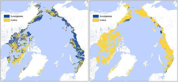 Erstmals detaillierter Datensatz über den Zustand der Landoberfläche in den Permafrostregionen der gesamten nördlichen Polarregion: Die neue Karte (links) weist rund 30 Prozent als Sumpfgebiet aus. In bisherigen Karten (rechts) waren es nur ein bis sieben Prozent. Diese Sumpfgebiete sind sommerliche Auftauzonen über dem Permafrost (blau markiert) in ebenem Gelände. Gelb markiert sind trockene Tundrazonen und Fels. 