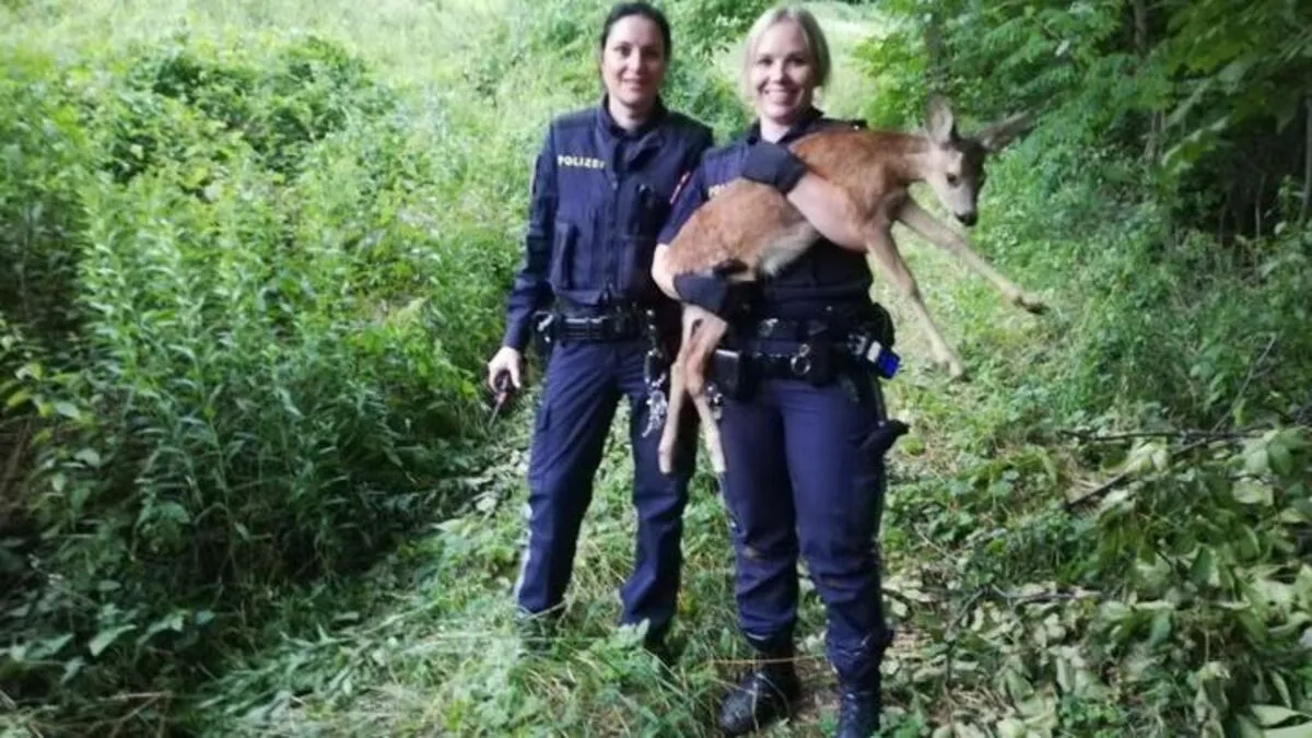 Die beiden Beamtinnen mit dem geretteten Kitz in Gösting