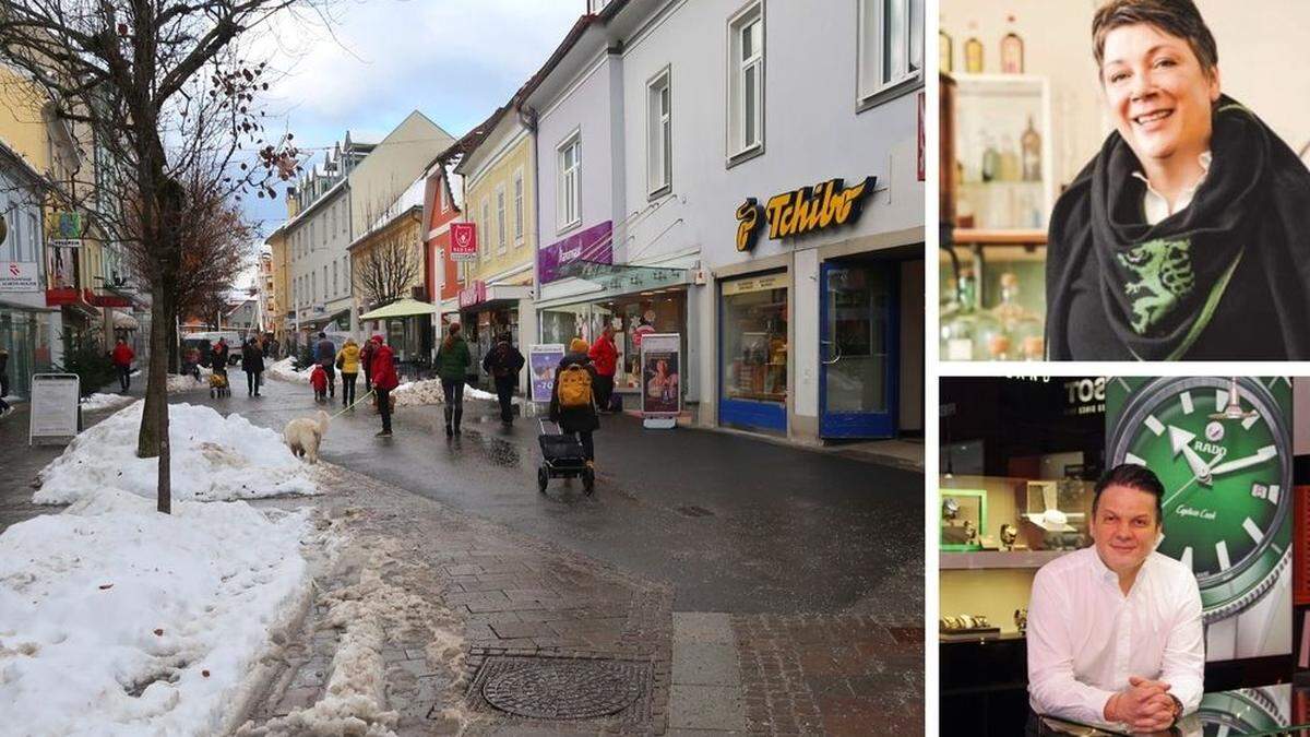 Reges Treiben am Montagvormittag in der Brucker Mittergasse. Rechts: Gabriele Arzberger und Thomas Pekastnig erwarten sich trotz verkürzter Vorweihnachtszeit gute Umsätze