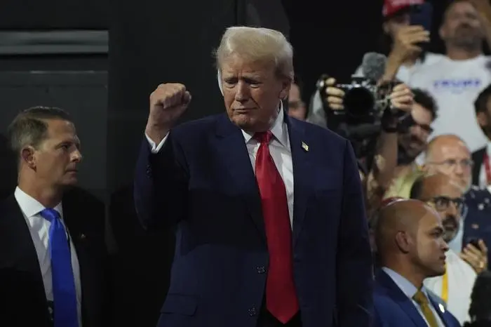 Republican presidential candidate former President Donald Trump appears with vice presidential candidate JD Vance, R-Ohio, during the Republican National Convention Monday, July 15, 2024, in Milwaukee. (AP Photo/Paul Sancya)