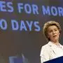 European Commission President Ursula von der Leyen speaks during a media conference regarding her first 100 days in office at EU headquarters in Brussels, Monday, March 9, 2020. (AP Photo/Virginia Mayo)