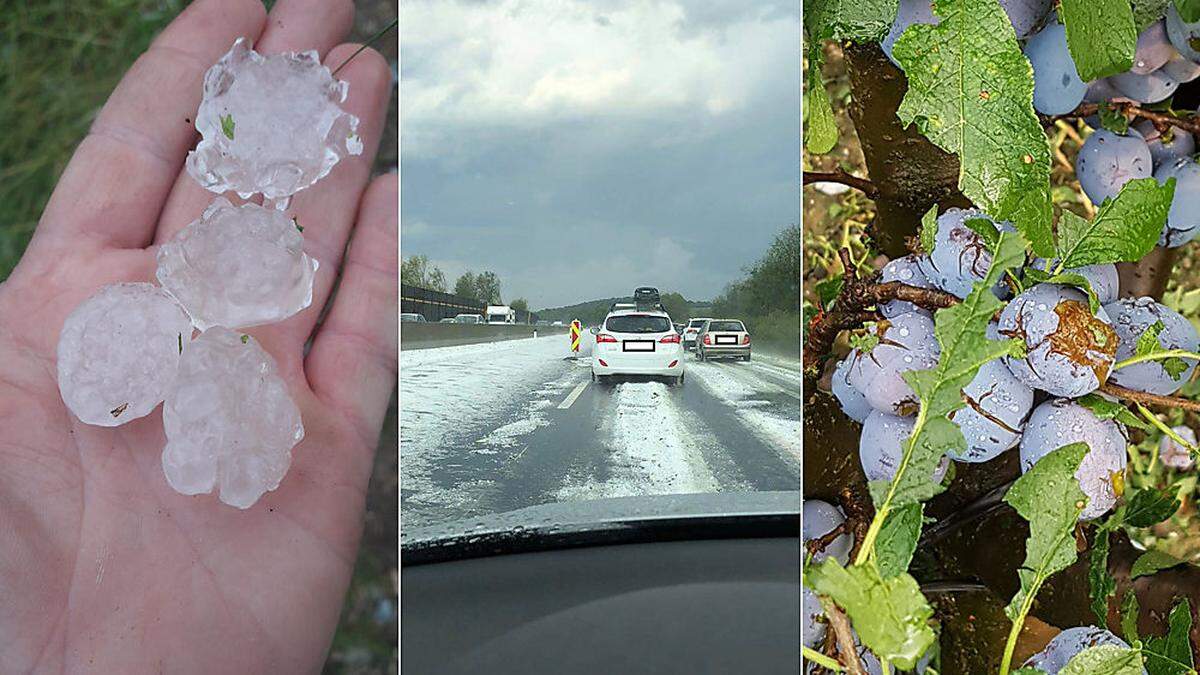 Riesige Hagelschloßen kamen in Pöllauberg herunter, Hagel färbte A 2 bei Ilz weiß, große Schäden an landwirtschaftlichen Kulturen