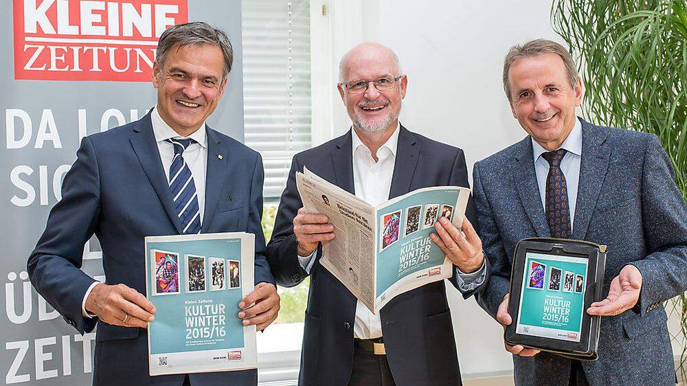 Erich Obertautsch (Wiener Städtische), Walter Walzl (Kleine Zeitung) und Erich Hallegger (Kärntner Messen) freuen sich auf den Kleine Zeitung Kulturwinter 2015/16