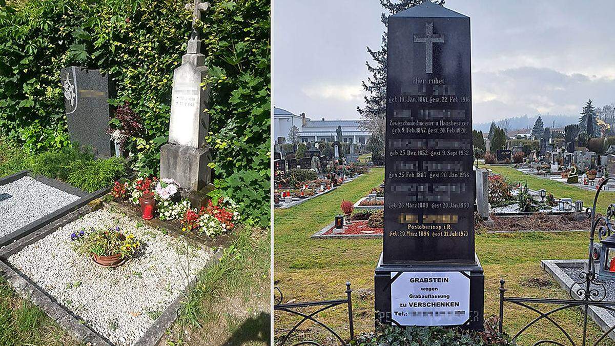 Friedhof Annabichl: Das Grab mit altem Stein (links) und der schwarze Obelisk werden kostenlos abgegeben