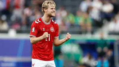 FRANKFURT,GERMANY,20.JUN.24 - SOCCER - UEFA EURO 2024, group stage, Denmark vs England. Image shows the rejoicing of Morten Hjulmand (DEN).
Photo: GEPA pictures/ Fodboldbilleder/ Anders Kjaerbye - ATTENTION - COPYRIGHT FOR AUSTRIAN CLIENTS ONLY