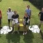 Siegerehrung der 2. Tennisland Trophy: Hinten links. Sattler Walter, Ali Sufi, Radl Alexander und Gernot Dreier, vorne Sebastian Prechtel und Leykina Polina