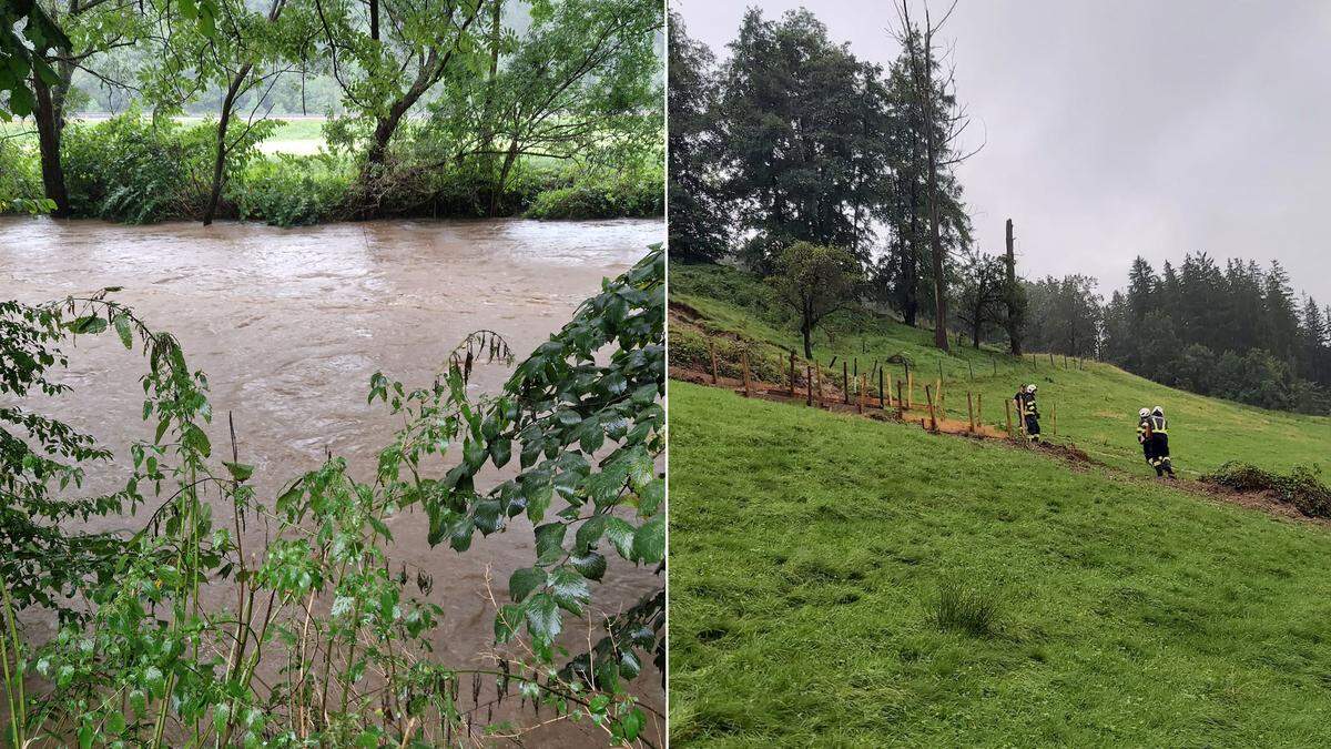 Die Kainach bei Krottendorf und Söding kommt an ihre Grenzen, in Voitsberg geriet ein Hang wieder ins Rutschen (rechts)