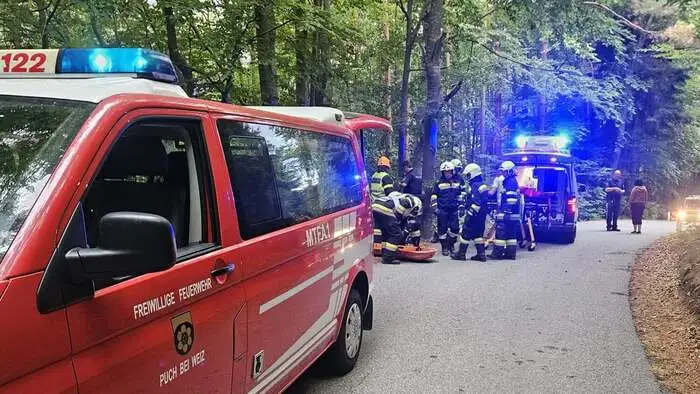 Die Feuerwehr Puch bei Weiz rettete den schwer verletzten Motorradfahrer mittels Korbtrage