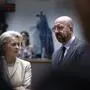 European Commission President Ursula von der Leyen, left, speaks with European Council President Charles Michel during a round table meeting during an EU summit in Brussels, Friday, Oct. 27, 2023. European Union leaders conclude a second day of meetings on Friday in which they will discuss, among other issues, migration. (AP Photo/Omar Havana)