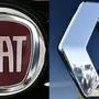 (COMBO/FILES) This combination of file pictures created on May 26, 2019 shows the logo of Italian auto maker Fiat (L) (FCA) on January 12, 2017 in Saluzzo, near Turin. And the logo of carmaker Renault in Saint-Herblain, western France. - Carmaker Fiat Chrysler withdrew an offer to merge with Renault on June 5, 2019, after the French auto company postponed its decision on the project, two sources close to the negotiations told AFP. (Photos by MARCO BERTORELLO and LOIC VENANCE / AFP)