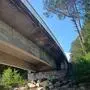 Seitlicher Blick von unten auf eine Brücke, daneben sieht man einen Wald